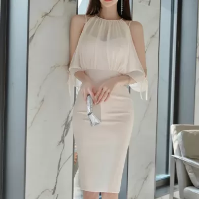 Chiffon splicing fake two-piece set, shoulder-slipping splicing waist and thin hip skirt